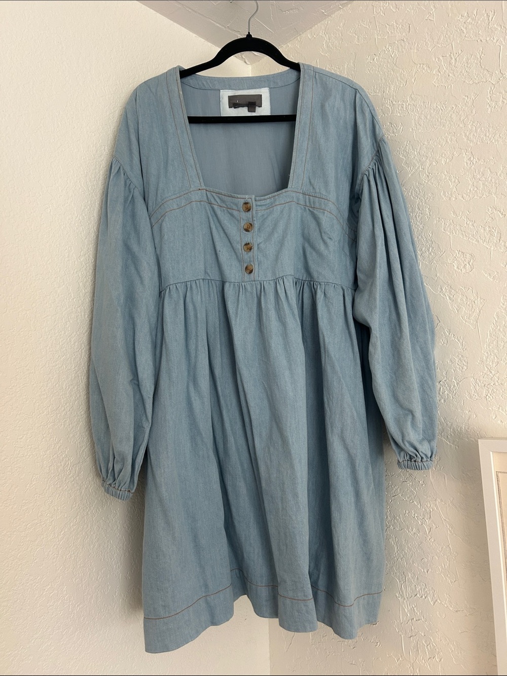Anthropologie Light Wash Denim Long-Sleeve Square Neck Babydoll Dress